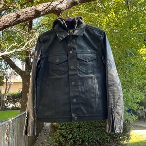 Gap En Noir Hooded Waxed Denim Jacket w Leather Sleeves